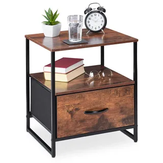 Relaxdays Nachttisch Industrial, 2 Ablagen, Beistelltisch mit Schublade, Metall & MDF, HBT: 50x45x40cm, schwarz/braun