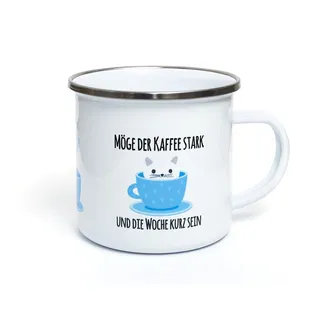 TypeStoff Emaille-Tasse mit Spruch - starker Kaffee - im Vintage-Look mit Zitat als Geschenk und Dekoration zum Thema Kaffee, Tee und Woche - TS-01295