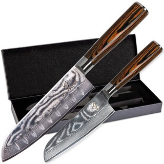 Wolfblood 2er Damastmesser-Set (30cm und 24cm) Profi Santoku Damast-Küchenmesser aus echtem 67 Lagen Damaststahl I Santoku-Damastmesser Set mit Holzgriff Geschenkbox & Klingenschutz