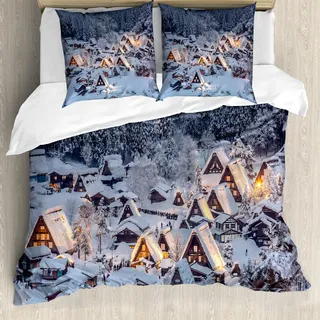 ABAKUHAUS Winter Bettbezug Set, Asiatisches historisches Dorf Shirakawago unter Schnee Gifu Chubu Region Japan-Bild, 155 x 220 cm + 80 x 80 cm, Weiß Braun Schwarz