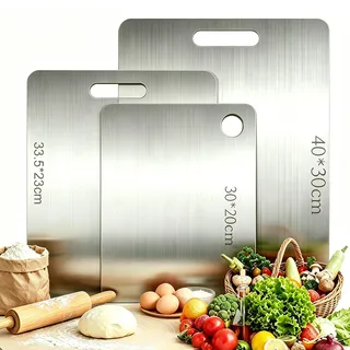 3 PCS Titan Schneidebrett Spülmaschinenfest, Multifunktional Edelstahl Schneidebrett, Beidseitige Titanium Cutting Board, Lebensmittelecht, Antibakteriell & BPA Frei,Schneidebrett Edelstahl