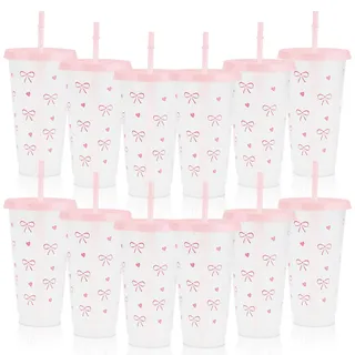 ktxaby 12 Stück Trinkbecher mit Deckel und Strohhalm, 710ml Wiederverwendbare Plastikbecher Pink mit Schleifen-Motiv, Smoothie Kaffee Reisebecher to Go Mehrweg Party Tumbler