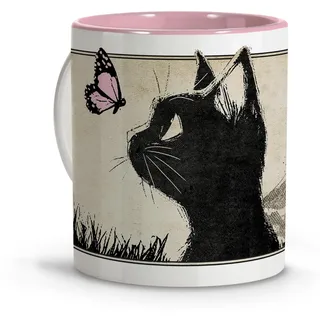 LolaPix Anime-Stil Katzen-Tassen - Rosa Innenseite Keramik, 100 ml, Neuheit-Geschenk für Katzenliebhaber