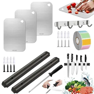 3 Stück Schneidebrett Edelstahl 23,5x14,5cm Titan Schneidebrett Testsieger | 2 Messerleiste Magnetisch,33cm Magnetschiene für Messer,29cm Wetzstahl für Messer,mit Haken,Wasserdicht Etiketten,für Küche