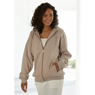 Kapuzensweatjacke LASCANA, Damen, Gr. 36/38, grau (taupe), Sweatware, Obermaterial: 60% Baumwolle, 40% Polyester, bestickt, unifarben, bequem hüftbedeckend, Rippbündchen, Sweatjacken Kapuzensweatjacke, mit seitlichen Taschen und Innen angeraut, Loungewear