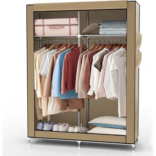 Intirilife Faltschrank 108x170x45 cm in CRÈME BEIGE - mit Reißverschluss Stoffschrank Kleiderschrank mit Kleiderstange, Fächern und Seitentasche - Camping Steckschrank Textil Garderobe - Beige