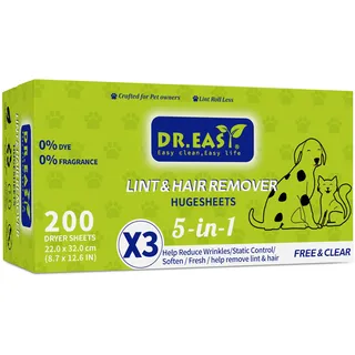 Dr. Easy LINT- & HAARENTFERNER Pet HUGESHEETS mit 3X Trocknerblättern, Freiheit und Klarheit, 200 Stück, PFLANZEN- & MINERALBASIERTE FORMEL