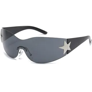 Long Keeper Trend Y2k Wrap Around Sonnenbrille für Damen Herren, Vintage Randlose Sonnenbrille Damen Groß mit Stern UV Schutz Mode Retro Rave Brille