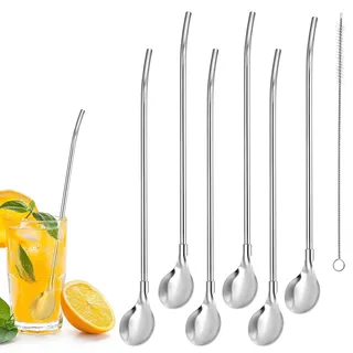 TIESOME 6 Stück Trinkhalmlöffel, Edelstahl Trinkhalm Strohhalme Löffel Lang Löffel Wiederverwendbare 2-in-1 Strohhalmelöffel mit Reinigungsbürste Straw Spoon für Latte Macchiato Slush Cocktail