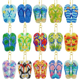 15 Stück 5D Diamond Painting Anhänger,DIY Diamant Malerei Schlüsselanhänger Kits für Kinder Erwachsene,Sommer Strand Flip-Flops Muster Schlüsselbund Strass Malerei Stickerei Kunst Ornamente Dekoration
