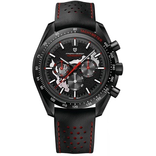 Pagani Design Armbanduhr 1779 Herren Chronograph Quarz Uhren Mond mattiert Zifferblatt VK63 Uhrwerk Lederband 100M Wasserdicht Mode Sport Uhr, Rot