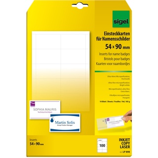 Sigel LP898 Einsteckkarten für Namensschilder weiß, 54x90 mm (A4), 100 Stück, Beschriftungsschilder, mit ultra-feiner Mikroperforation