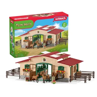 SCHLEICH Farm World | Pferdestall mit Pferden und Zubehör 42195 | Set inkl. Stall, 2 Pferden, beweglicher Mädchenfigur und Zubehör | Bauernhof Spielzeug ab 3 Jahre | 96 Teile | exklusiv bei Amazon