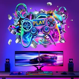 decalmile Wandsticker 3D Gamer Kinderzimmer Wandtattoo Gaming Controller Durchbruch Videospiel Wandaufkleber Jungen Schlafzimmer Kinderzimmer Spielzimmer Wanddeko