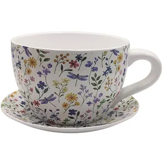 Dekohelden24 XXL Blumentopf, Pflanztasse, Pflanzkübel, Pflanzgefäß, Blumenkübel, Pflanztopf. Übertopf als Tasse mit Griff aus Keramik, Motiv: Bunte Blumen, L/B/H 34 x 28 x16 cm.