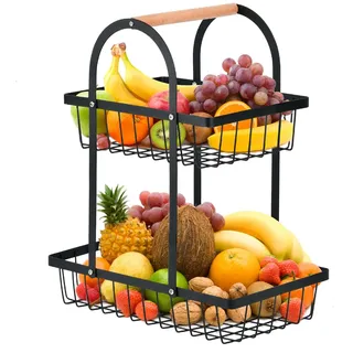 DODUOS 2 Stockig Obstkorb Etagere, Obst Etagere 2 Stöckig, Obstschale Etagere mit Holzgriff, Metall Schwarz Obstschalen mit Griff für Snacks zu Hause, Gemüse, Küche, Büro, Obst