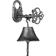 Relaxdays Türglocke Gusseisen, antikes Design, Gartenglocke Schlüssel, mit Kordel, Glocke für draußen, schwarz/Silber, 1 Stück