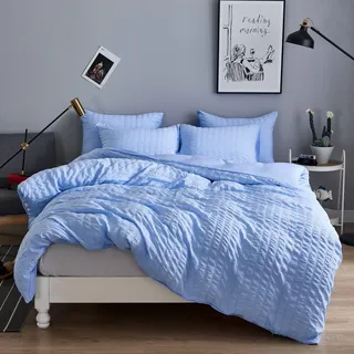 Freyamy Seersucker Bettwäsche 200x200cm 3teilig Blau Geprägt Streifen Strukturiert Mädchen Bettwaren-Sets Uni Gebürstet Microfaser Weiche Bettbezug mit Reißverschluss und 2 Kissenbezug 80x80cm