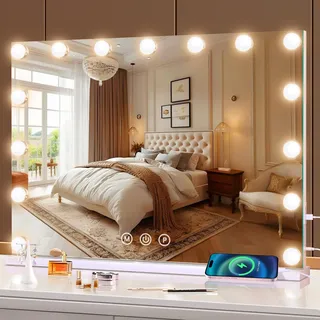 halumao Schminkspiegel mit Beleuchtung, 58 x 48 cm Hollywood schminktisch Spiegel mit 15 Lampen, 3 Modi Tischspiegel mit Touch-Schalter USB-Ladeanschluss