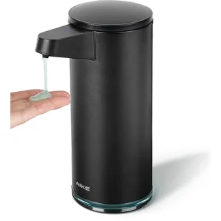 AIKE Seifenspender Automatisch USB-C aufladbar, Schwarz Matt Edelstahl | 380 ml Kapazität, berührungsloser Sensor, 5‐stufige Volumeneinstellung, breite Öffnung, 3+ Monate Standby‐Zeit