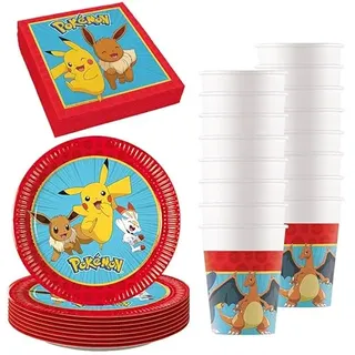 Procos - Pokemon Geburtstagsdeko, 52-teilig, Pappteller, Becher und Servietten für Kindergeburtstag, Partygeschirr