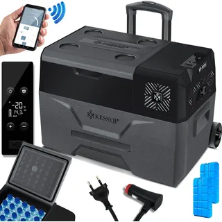 KESSER® Kompressor Kühlbox elektrisch Gefrierbox, Mit APP-Steuerung USB-Anschluss 12/24 V 230V, +Teleskopstange, Kühlakkus Räder Kühlschrank Kühlung bis -20 °C für Auto, Lkw, Boot, Reisemobil, Camping