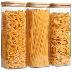 ComSaf Vorratsdosen aus Glas, für Spaghetti-Pasta, mit Deckel, 2,1L, 3 Stück, hohe, transparente, luftdichte Vorratsdose mit Bambus-Deckel für Nudeln, Mehl, Müsli, Zucker, Bohnen