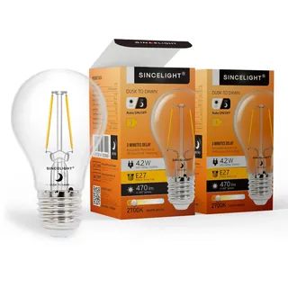 SINCELIGHT Retro-Stil LED Glühbirne 4.2W, Dämmerungssensor für Außenlampe, Automatisches Ein- und, Sicherheits-Nachtbirnen von der Dämmerung bis zum Morgengrauen,Tageslichtsensor, E27, 2700K, 2 Stück