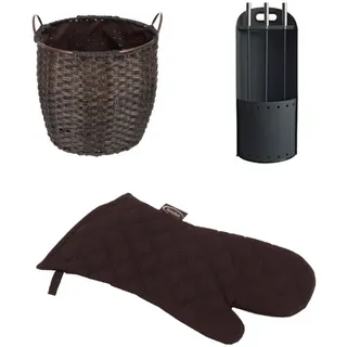 Kamin-Set: Holzkorb, Besteck & Handschuh| Rattan Braun| 33 L