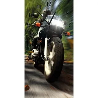 Wallario Design Wanduhr Fahrendes Motorrad im Wald mit Herbstlaub aus Echtglas, Größe 30 x 60 cm - Schwarz