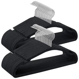 Songmics Kleiderbügel Samt, Bügel 50er Set, 43 x 21 cm, Samtbügel rutschfest, breite Schulterkerben, Stange für Hosen, 360° drehbarer Haken, platzsparend, für Garderobe, tintenschwarz CRF039B03