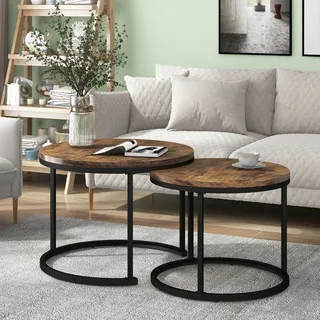 Merax Couchtisch 2er Set Satztisch Runder Beistelltisch im Industrial Minimalistisch Design, Kaffeetisch Wohnzimmertisch Sofatisch mit 1,5 cm Platte - Dunkelbraun, Schwarz
