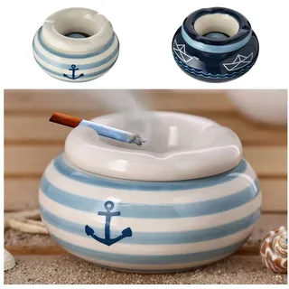 Cepewa Sturmaschenbecher Maritim │ Keramik Ø 11 cm weiß blau │ Aufsatz abnehmbar │Windaschenbecher (2er Set Aschenbecher Maritim)