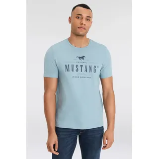 T-Shirt MUSTANG "MU Style Alex C Print", Herren, Gr. S (44/46), blau (smoke blau), Jersey, Obermaterial: 100% Baumwolle, bedruckt, Rundhals, Shirts T-Shirt, Kurzarm-Design, bequeme Passform, bedruckte Optik, Topseller