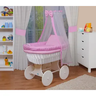 Waldin Stubenwagen-Set mit Ausstattung,XXL,Bollerwagen,komplett,18 Modelle wählbar,Gestell/Räder weiß lackiert,Stoffe rosa/kariert