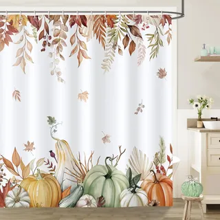 Bonhause Duschvorhang Herbst Kürbis Ahornblätter Erntedankfest Pflanzen Duschvorhänge 180 x 180 cm Anti-Schimmel Wasserdicht Polyester Stoff Waschbar Bad Vorhäng für Badzimmer mit 12 Haken