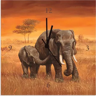 ARTland Wanduhr auf Alu Funkuhr - schwarzer Zeiger Elefanten II Größe: 30x30 cm - Ocker