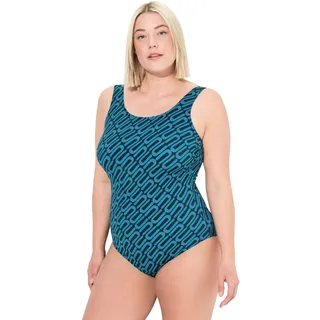 Ulla Popken Damen große Größen Übergrößen Plus Size Badeanzug, grafischer Druck, ohne Softcups, Rundhals
