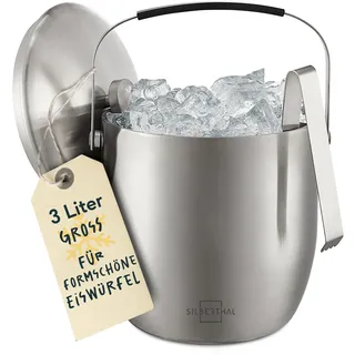 SILBERTHAL Eiswürfelbehälter Edelstahl 3l - Eisbehälter mit Deckel und Zange -Eiseimer Edelstahl - Doppelwandig Isolierter Flaschenkühler - Auch als Weinkühler, Sektkühler