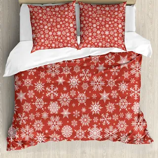 ABAKUHAUS rot Bettbezug, Verschiedene Schneeflocke-Winter, Milbensicher Allergiker geeignet mit Kissenbezügen, 200 cm x 200 cm - 80 x 80 cm, rot-Weiss