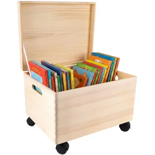 Creative Deco XXL Große Holzkiste mit Deckel und Rollen | 40x30x24 cm | (+/-1cm) Weihnachten Holztruhe Erinnerungsbox Baby Holzbox mit Deckel und Griffen Leicht zu transportieren ROH UNGESCHLIFFEN