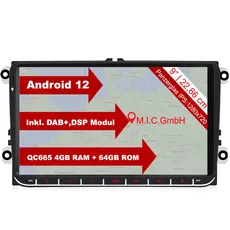 M.I.C. AV9V2 Android 12 Autoradio mit navi Qualcomm Snapdragon 665 4G+64G Ersatz für VW Golf t5 touran Passat RNS RCD Skoda SEAT: SIM DAB Plus Bluetooth 5.0 WiFi 2din 9" IPS Panzerglas Bildschirm USB