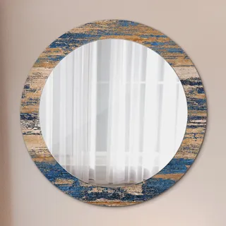 Runder Spiegel mit Modernem Aufdruck - Dekospiegel Wandmontage -Abstrakt Holz- Ø70cm - Grau