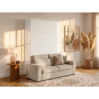 Schrankbett + Sofa - 140 x 200 cm - Manuelle vertikale Öffnung - Mit LED-Beleuchtung - Weiß - RAPILI