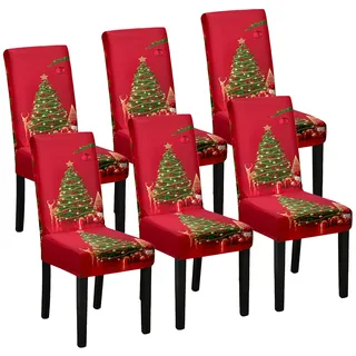 Stuhlhussen Weihnachten 6er Set, Stretch Weihnachts Stuhlhussen Schwingstühle, weihnachtsdeko Stuhlbezug, Weihnachtsstuhlhussen, Abnehmbare Waschbare Stuhlhussen Rot, Chair Cover Universal Stuhlbezüge