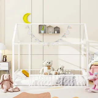 Kinderbett mit Rausfallschutz, 140x200 cm, Metallbett, Hausbett, Doppelbett, Jugendbett - Weiß