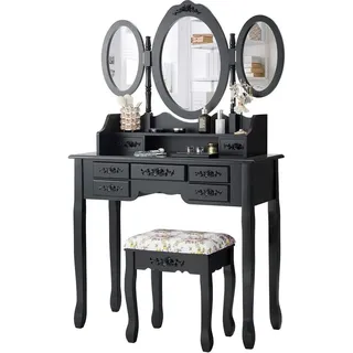Costway Schminktisch mit Klappbarer Spiegel, Frisiertisch Set mit gepolsterter Hocker, 7 Schubladen und offenem Regal, Kosmetiktisch Schminkkommode