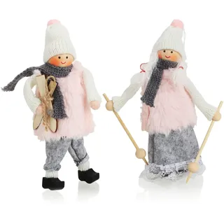 com-four® 2X Premium Weihnachts-Figur - Aufhänger Weihnachtsdeko - süßes Paar Skifahrer-Figuren - winterlicher Dekoartikel - Christbaumschmuck Wintersportpärchen (2 Stück - Skifahrer - rosa + grau)