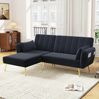 Modernes L-förmiges Schlafsofa mit Zusatzecke – Klappsofa mit Schlaffunktion - Schwarz