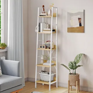 YITAHOME Schmal Bücherregal mit 5 Ebenen 35 cm Breit, Industrielles Leiterregal Standregal Holzregale und Metallrahmen, Modernes Regal für Wohnzimmer, Weiß und Eiche
